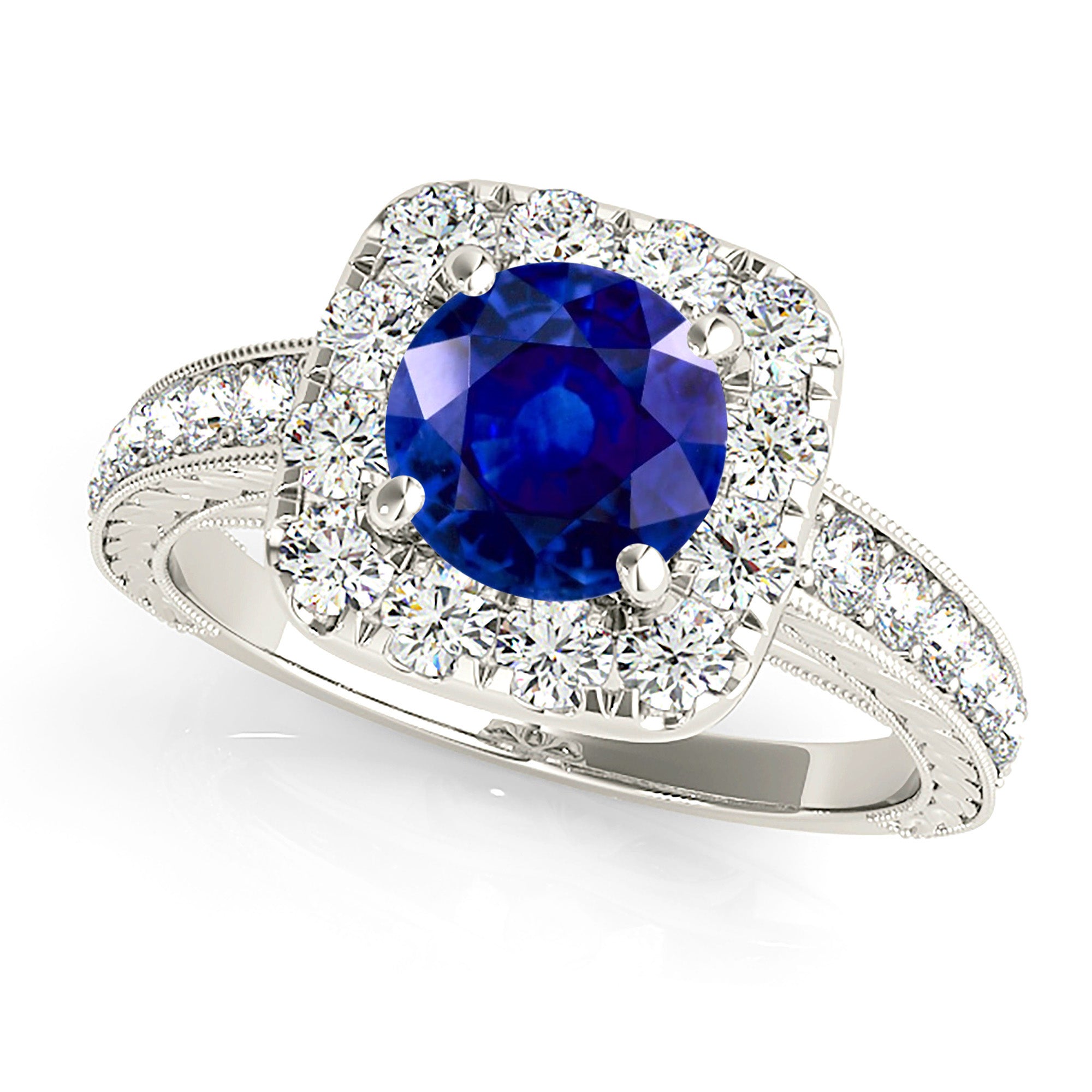 2.41 ct. Genuine Blue Sapphire Gallery Work Halo Ring with 0.50 ctw. Halo And Milgrain Hand Carved Band | Halo Blue Sapphire Classic Ring-VIRABYANI